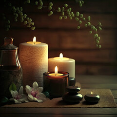 Fototapeta na wymiar a relaxing vibe using candles, flowers, and stones - generative ai