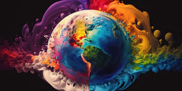 Explosion of color, a kaleidoscope of destruction as impact of global warming extends its reach to every corner of earth, concept of Climate Change and Pollution, created with Generative AI technology
