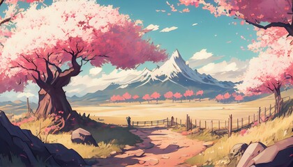 a beautiful Discovering the Tranquility of Spring Landscapes: A Meditation Guide, anime style generative ai 