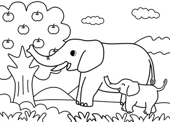 Elephant coloring page for kids. Painting for kindergarten and elementary school children . Children's coloring activity sheet. Cute Illustration to Color. 