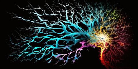 Abstract representation of colorful neurons connecting and firing in brain, concept of Neural Network and Synaptic Transmission, created with Generative AI technology