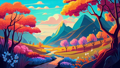 Exploring a beautiful Vibrant Colors of Spring Landscapes, vector style generative ai 