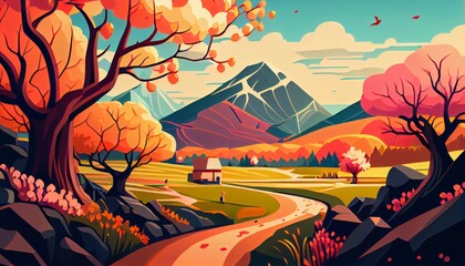 Exploring a beautiful Vibrant Colors of Spring Landscapes, vector style generative ai 