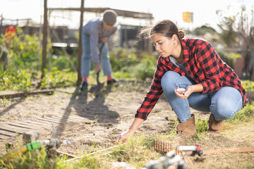 Positive young woman earthing seeds of berries and vegetables into the ground while working in...