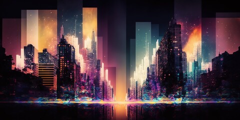 Cityscape with double exposure effect combining the colorful lights of city with abstract shapes and patterns, concept of Double Exposure and Urban Landscape, created with Generative AI technology
