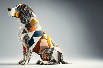 A dog with hair painted as if it was a patchwork of liberty style fabrics, isolated, neutral background, generative ai illustration