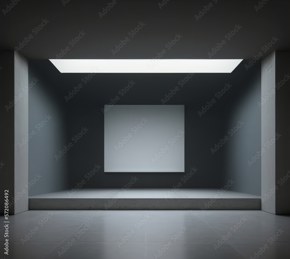 Poster room with a photo frame in the center and stand, ready for design. ai generative mock up display