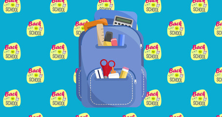 Image of school backpack and back to school icons on blue background