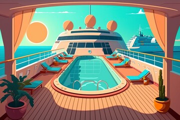 Fototapeta premium cartoon illustration, swimming pool on a cruise ship, ai generative