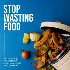 Composition of stop wasting food text over trash can with food waste