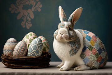 a cute bunny rabbit with hair colored as liberty fabric patchwork, generative ai illustration,