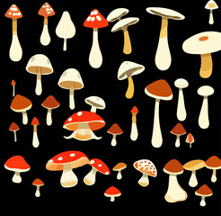 Cartoon poisonous mushrooms. Vector illustration, print for background, print on fabric, paper, wallpaper, packaging.	
