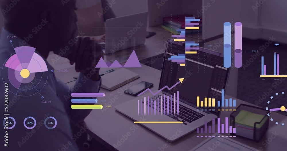 Poster animation of financial data processing over businessman using computer