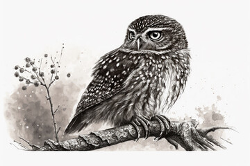The Nighttime Hunter: A Portrait of a Pygmy Owl in Ink Illustration Style