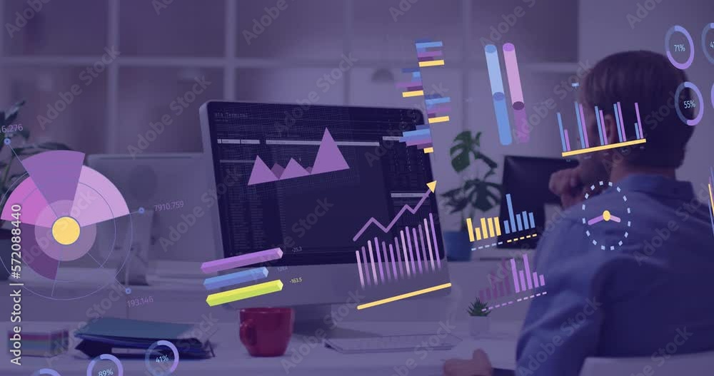 Poster animation of financial data processing over businessman using computer