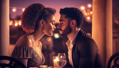 young multiracial couple having a romantic dinner looking at each other in the eyes. Generative AI	
