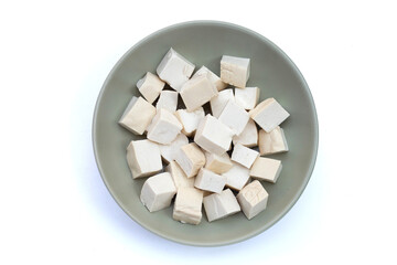 White tofu in plate on white background.