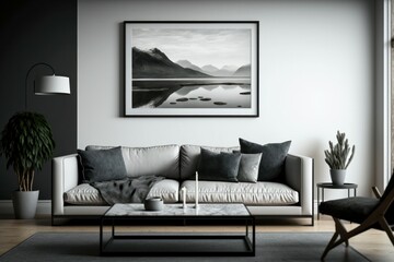 Living room interior, frame on wall, modern, clean. Created with generative AI technology	