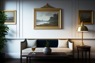 Living room interior, frame on wall, modern, clean. Created with generative AI technology	