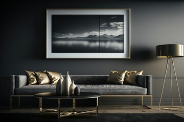 Living room interior, frame on wall, modern, clean. Created with generative AI technology	