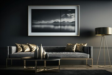 Living room interior, frame on wall, modern, clean. Created with generative AI technology	