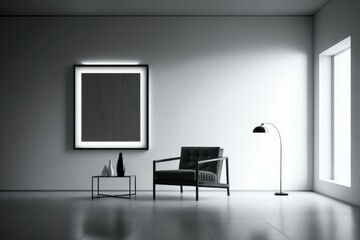 Living room interior, frame on wall, modern, clean. Created with generative AI technology	