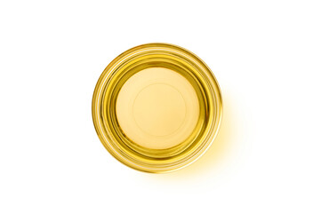 Top view of Cooking oil in glass bowl on white