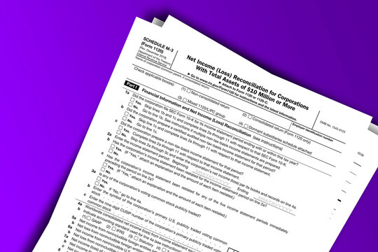 Form 1120 (Schedule M-3) documentation published IRS USA 43750. American tax document on colored