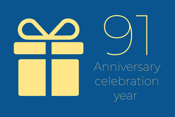91 logo. 91 years anniversary celebration text. 91 logo on blue background. Illustration with yellow gift icon. Anniversary banner design. Minimalistic greeting card.  ninety-one  postcard