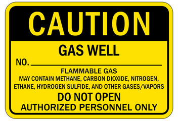 Pipeline sign and labels Gas well, flammable. May contain methane, carbon dioxide, nitrogen, ethane, hydrogen sulfide, and other gases/vapors. Do not open