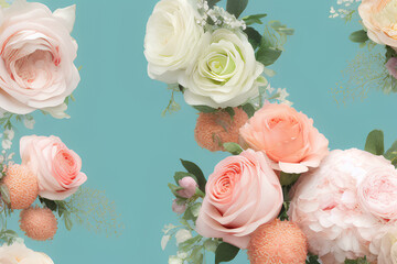flower arrangement, salmon color, pastel tones, scattered throughout the image, light green background. Generative AI