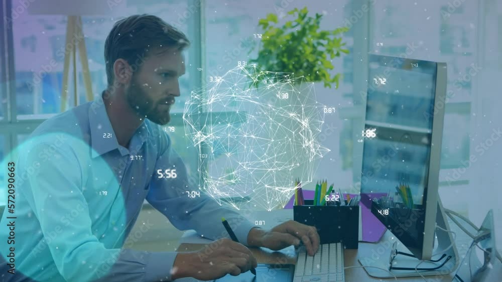 Poster animation of globe with data processing over caucasian businessman using computer
