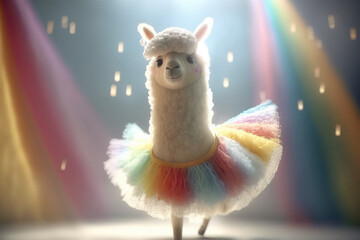 Little adorable lama princess dancing in her beautiful tulle dress at the lama party. Generative AI - obrazy, fototapety, plakaty