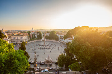 Rome,Italy.Panoramic Scenic View of Piazza del Popolo Square from the Terrace of Pincio in Villa Borghese