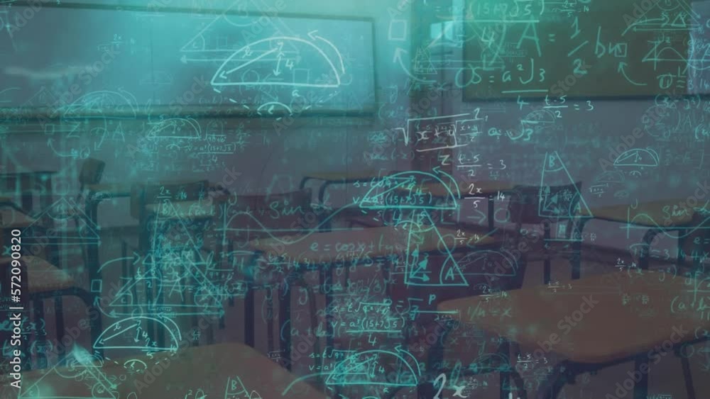 Poster animation of mathematical equations over empty classroom