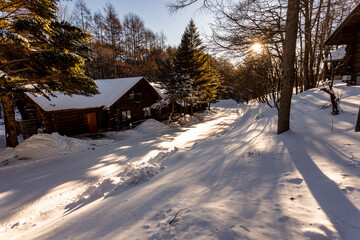 The woods log cabins with snowy rooftop, deep snow outside, morning serene natural landscape in Japan on January 2023.