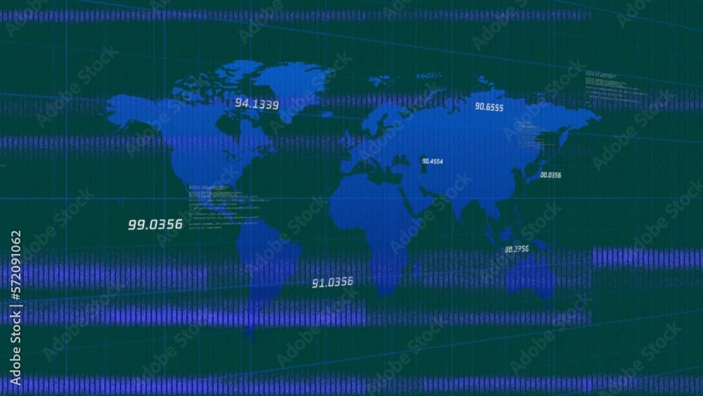 Poster animation of glitch technique and numbers over map and computer language on abstract background
