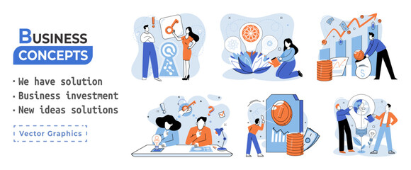 We have solution metaphor, business investment, new ideas solution scenes set. Teamwork and brainstorming. Team and new startup. Leadership and financial activities. Concept joint search for new ideas