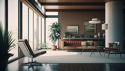 Fototapeta premium Mid Century Modern and Minimalist Interior Photography created with Generative AI Technology
