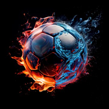 A soccer ball in the clash of ice and fire on black background. Fire flames and crystal texture. Ai generated blue and orange illustration of a football ball in ice and fire.