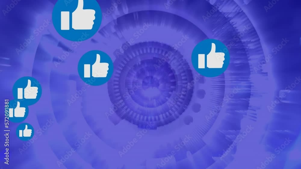 Poster animation of like icons over eye with scope scanning and data processing
