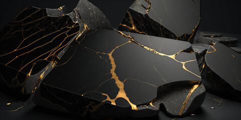 3D Rendering of a black and gold Marble texture. With a rough surface black marble. Golden cracks in between. Generative AI.