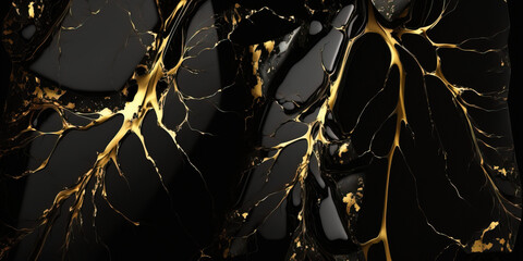 3D Rendering of a black and gold Marble texture. With a rough surface black marble. Golden cracks in between. Generative AI.
