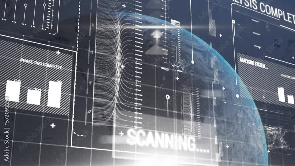 Poster animation of financial data processing and globe on black background