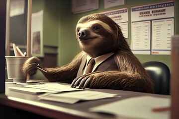 A realistic sloth in a business suit working at the DMV. A metaphor for how long it takes to have paperwork processed at a government office. Generative AI