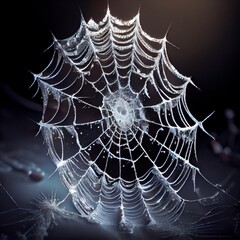 An icy spider web on black background. Frozen tissue texture, backlight. Ai generated abstract background with crystal spiderweb made of ice.