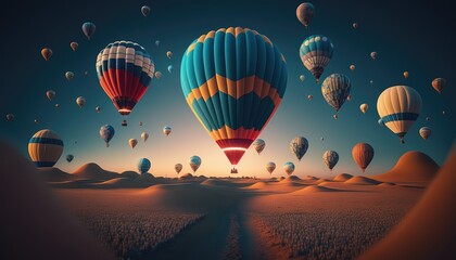 Naklejka premium Landscape sunrise with set colorful hot air balloon fly in sky with sunlight. Generative AI