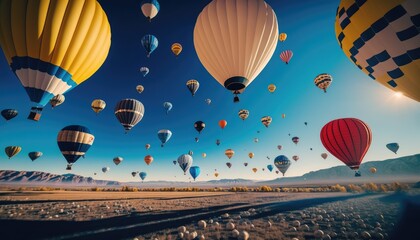 Obraz premium Landscape sunrise with set colorful hot air balloon fly in sky with sunlight. Generative AI