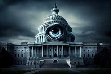 Government capitol building with evil looking face in the design representing big brother with government overreach. Created with. Generative AI - obrazy, fototapety, plakaty