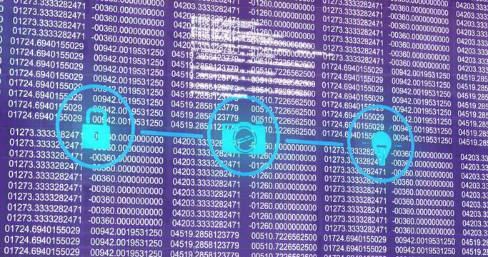 Animation of media icons and binary coding over data processing